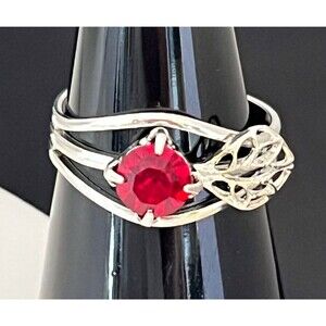Vintage 1960s Ring Mid Century Modern Silver Tone Filigree Red Crystal - 4K